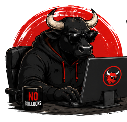 Cartoon bull mascot in sunglasses working at a laptop