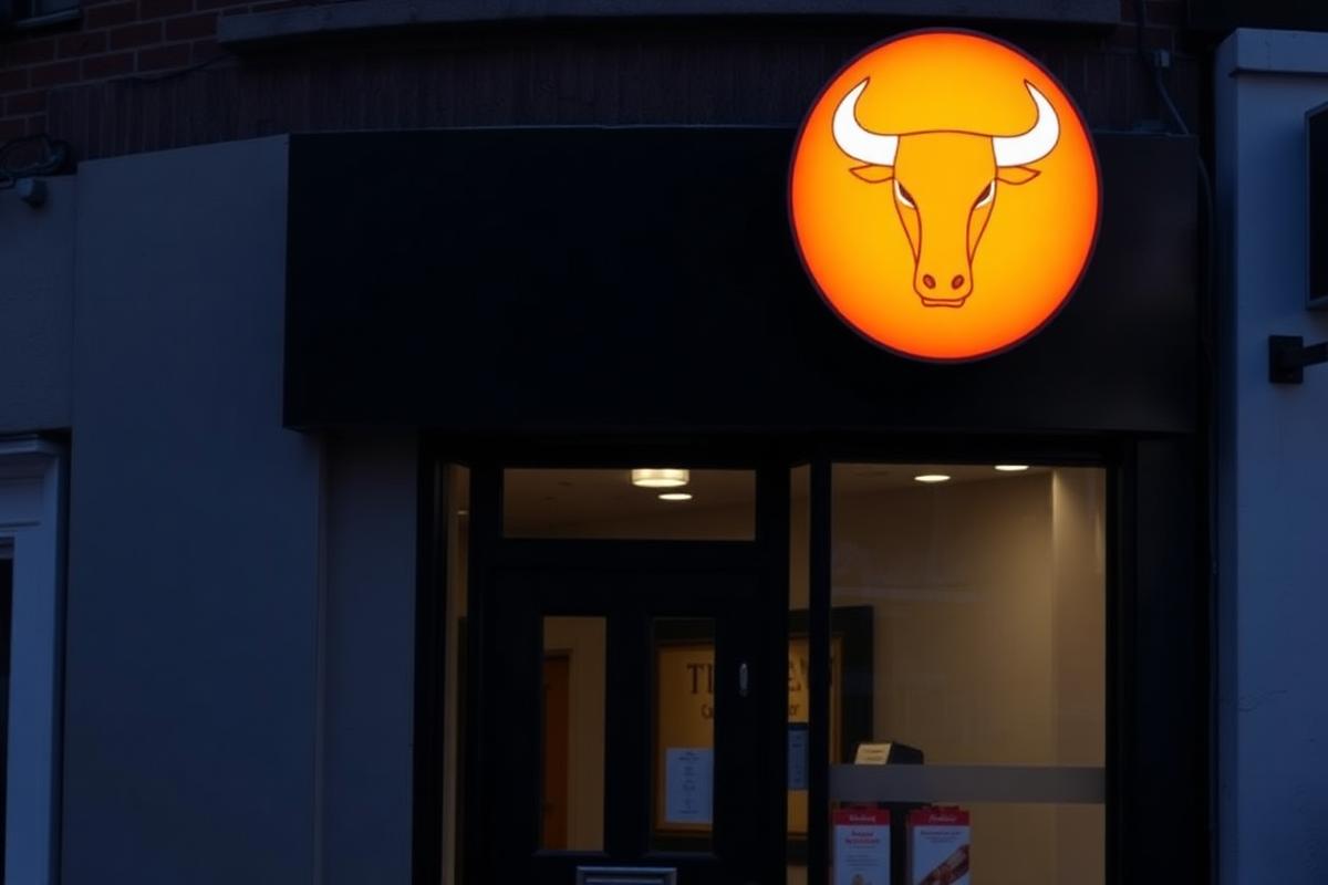 Bull mark logo on an illuminated shopfront sign at dusk