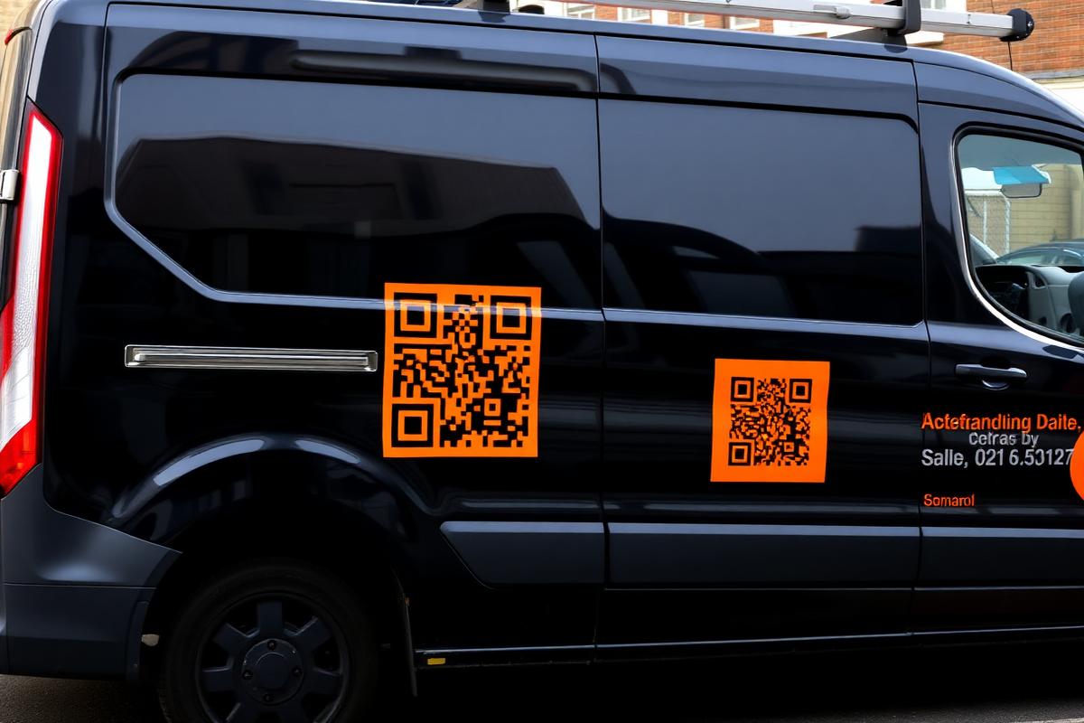 Orange QR code decal on the side of a black work van
